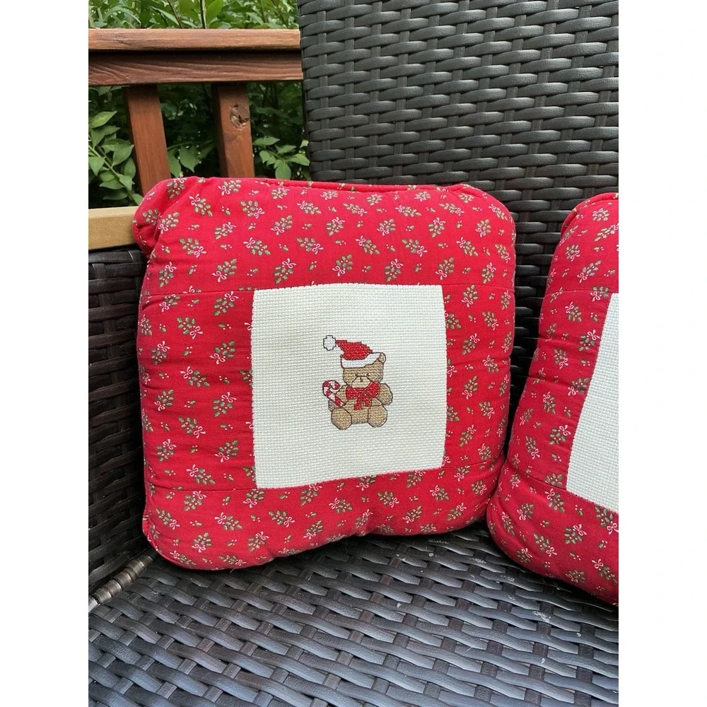 Hand Made Cross Stitch Christmas Pillows Set Of 2 Bear Snowman Holiday Decor Vtg